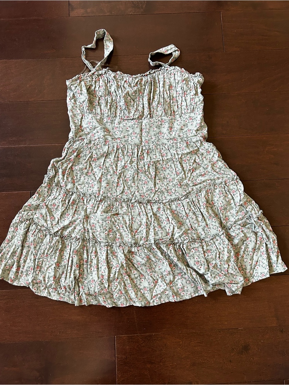 Smocked Tiered Mini Dress in Mint Green with Pink Floral Print